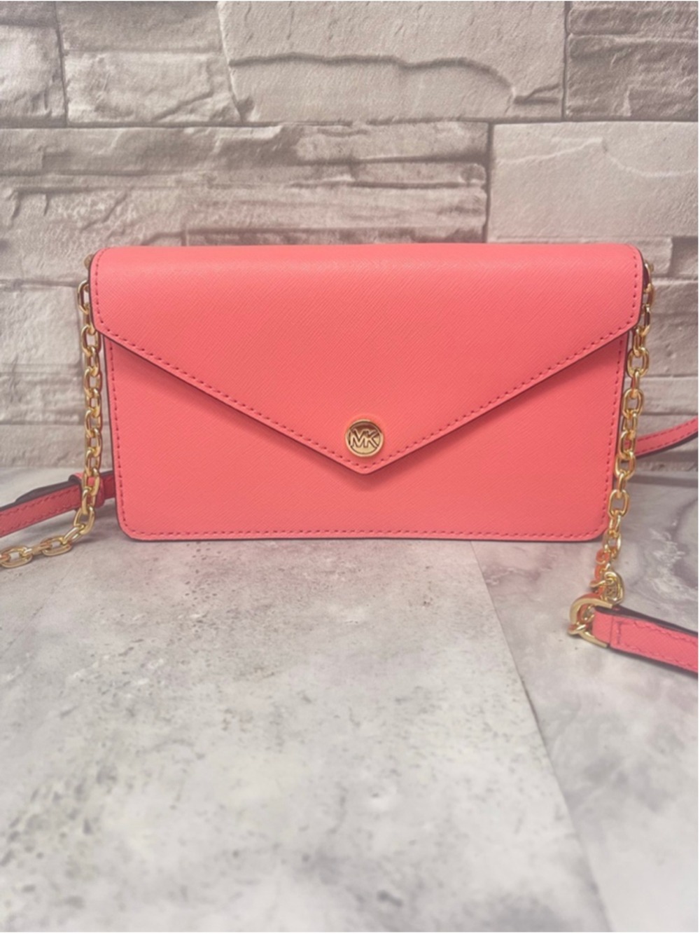 Michael Kors Saffiano Leather Envelope Wallet Chain Crossbody Tea Rose Pink
